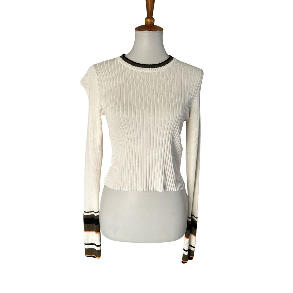 Topshop Ribbed Knit Sweater White with Striped Cuffs – Size US 8
